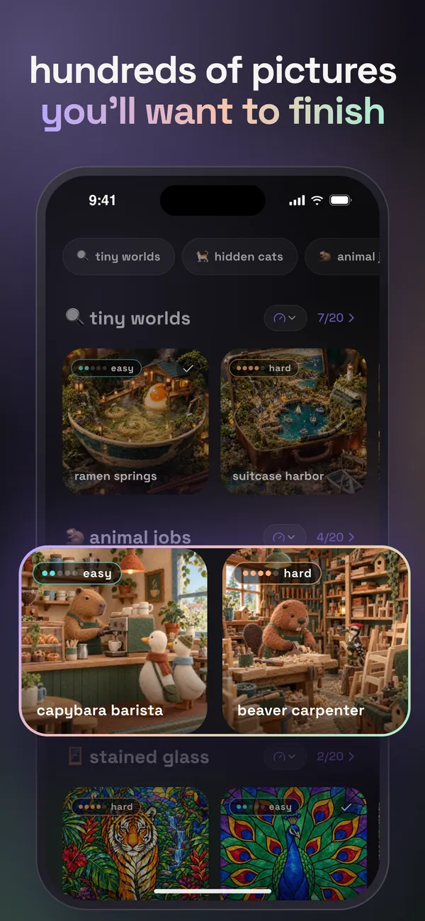 Puzzle collections: tiny worlds, animal jobs, stained glass